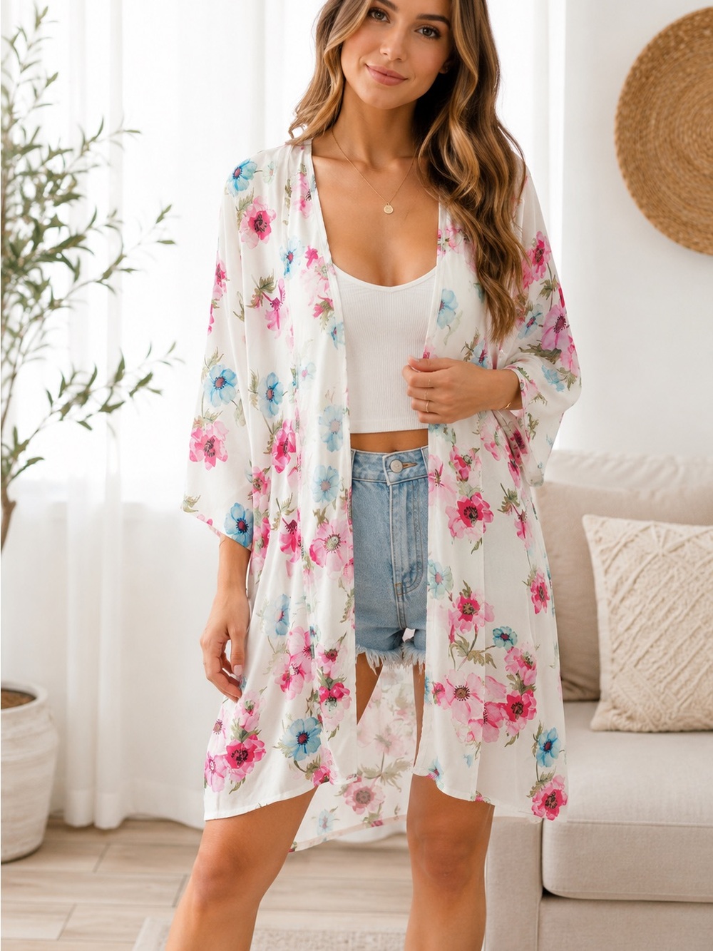 Pink Milly Floral Open Front Kimono Cardigan & Swim Coverup -Large
